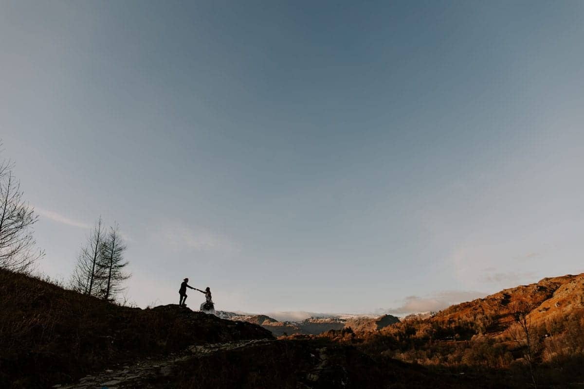 Adventure Couple on theiBride and Groom Silhouette on their Lake District Adventure Wedding Day - Jo Greenfield
