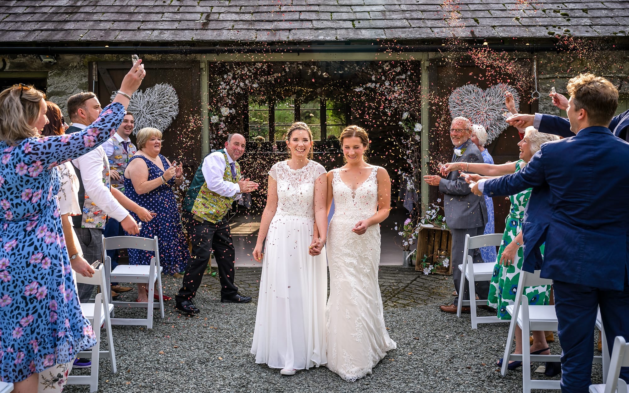 Best wedding venue Roise and Jemma confetti shot at Cote How