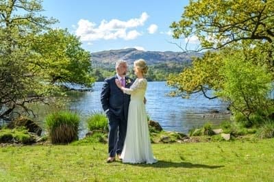 Just Married - Mature Bride and Groom at the Lake Edge of Rydal Water