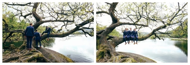 Cheeky-Groomsmen-sitting-in-the-oak-tree-at-Rydal-Water