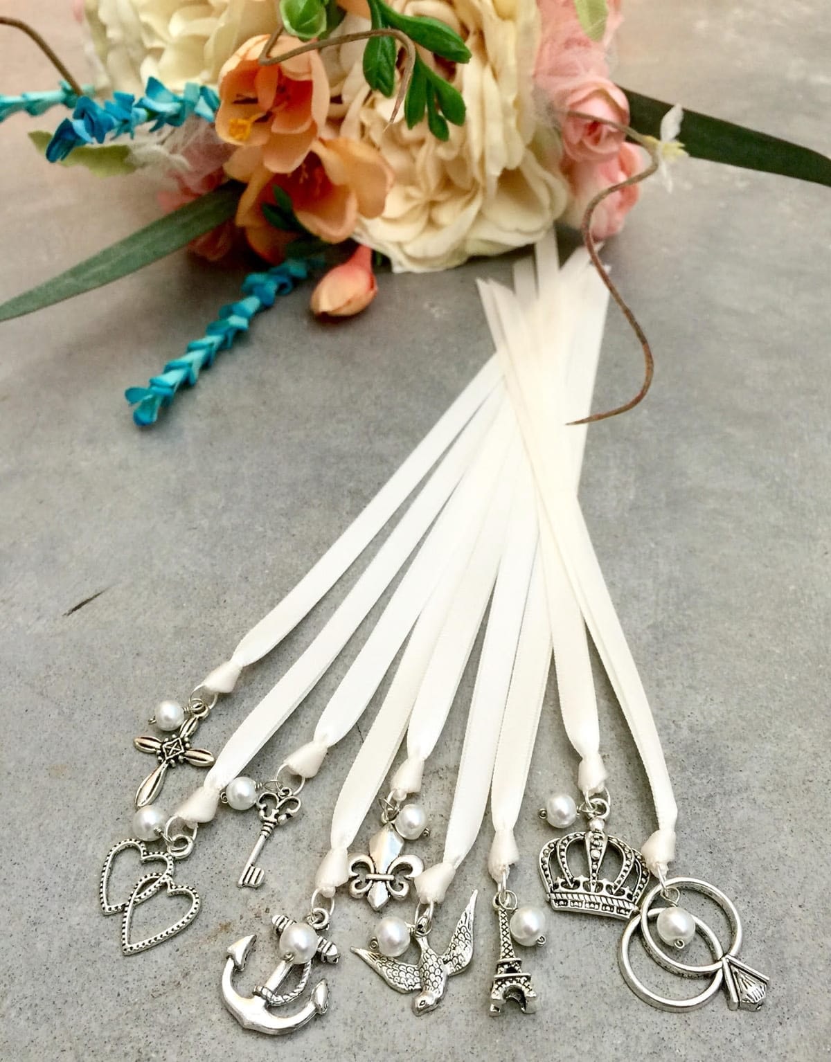 Wedding Cake charms on pretty ribbons