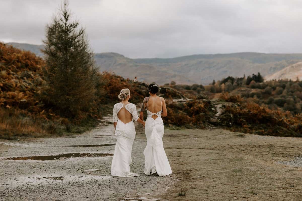Two Brides in Rydal Walking after their wedding at Cote How