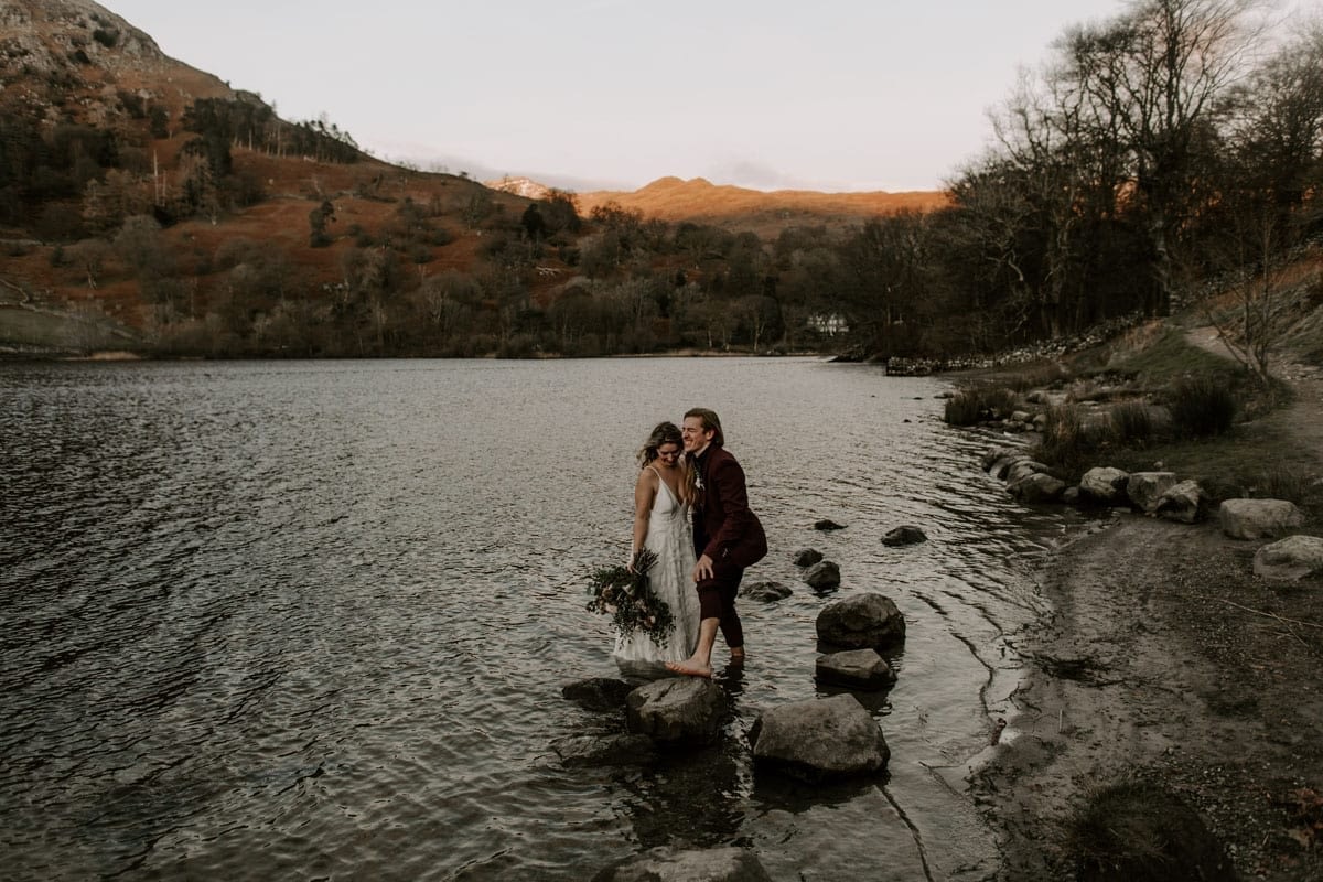 Bride and Groom on Rydal Water Lake District Adventure Elopement