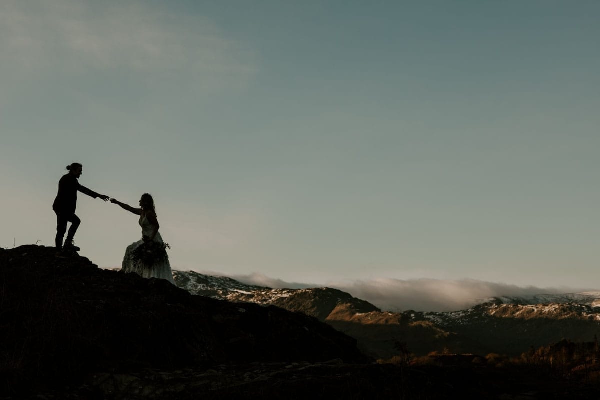 Adventure Couple on theiBride and Groom Silhouette on their Lake District Adventure Wedding Day