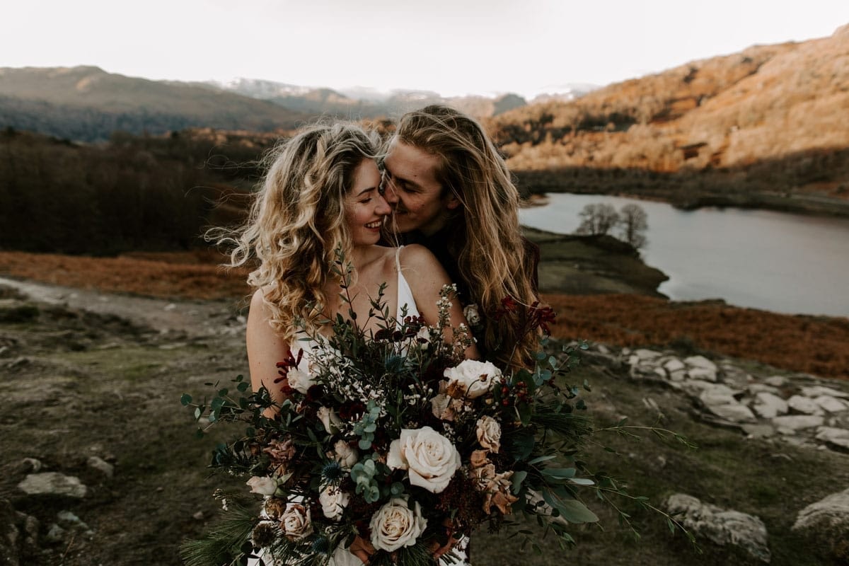 In Love and Just Married Couple in Lake District Adventure Elopement