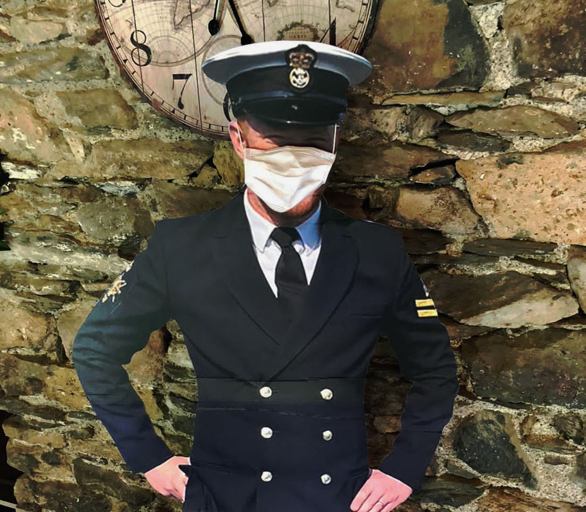 A cardboard cut out of the Gorrms Brother in Navy Uniform