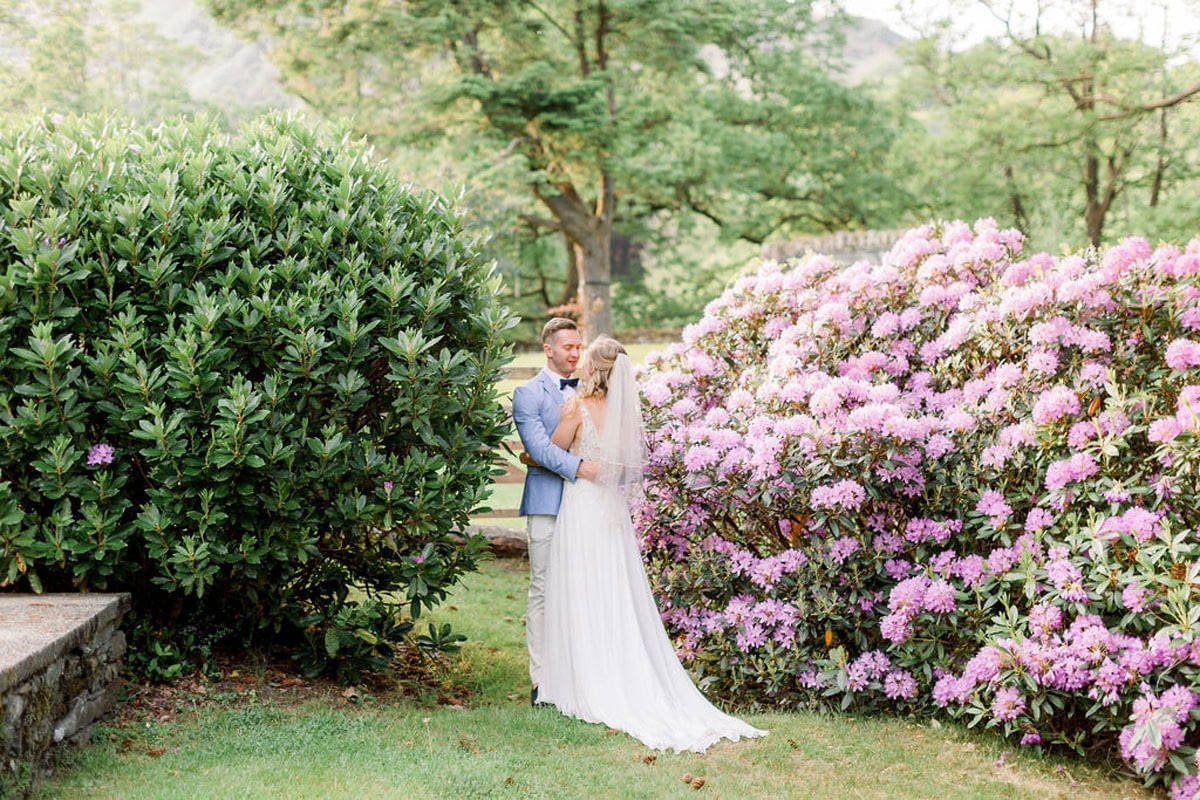 Wedding couple in the gardens at small wedding venue
