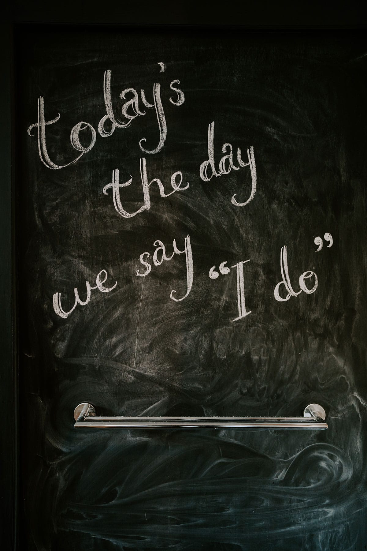 A chalk board that reads "today is the day i say i do" on morning of elopement